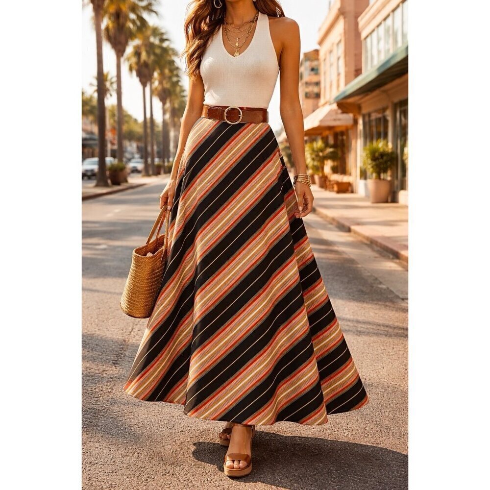 Vintage 70s Susan Thomas Womens Maxi Skirt Sz Medium Black Metallic Stripe Boho